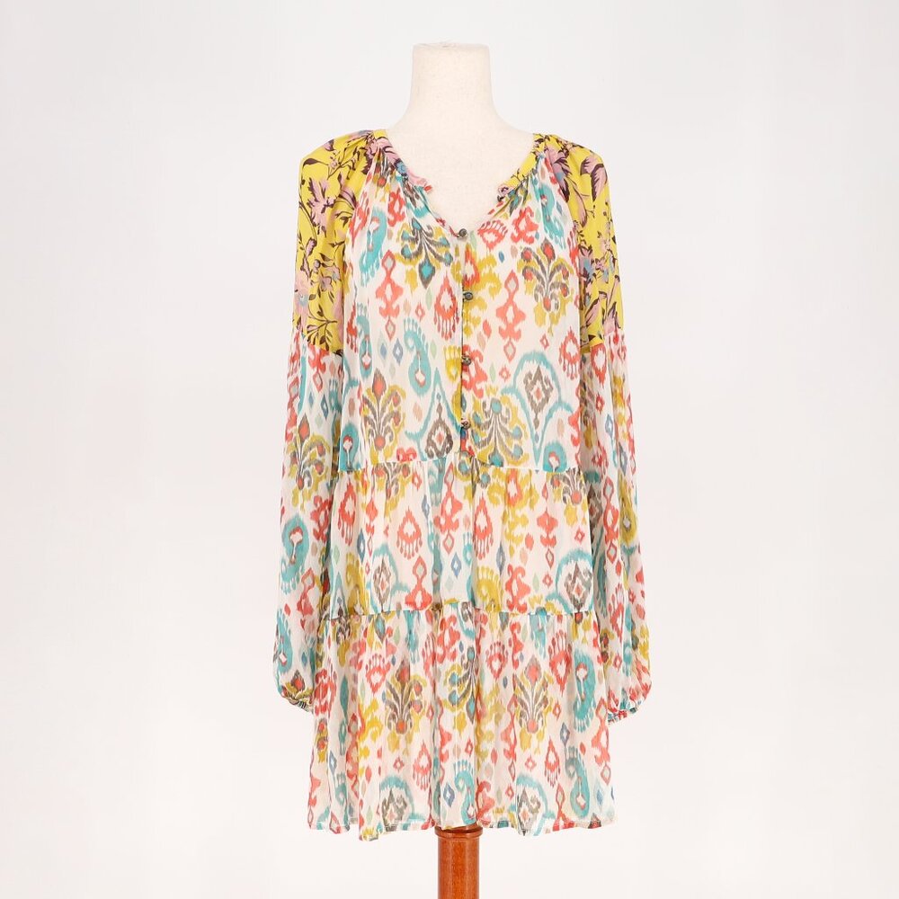 ANTHROPOLOGIE Maureen Babydoll Tiered Tunic Blouse Boho Colorful Size M